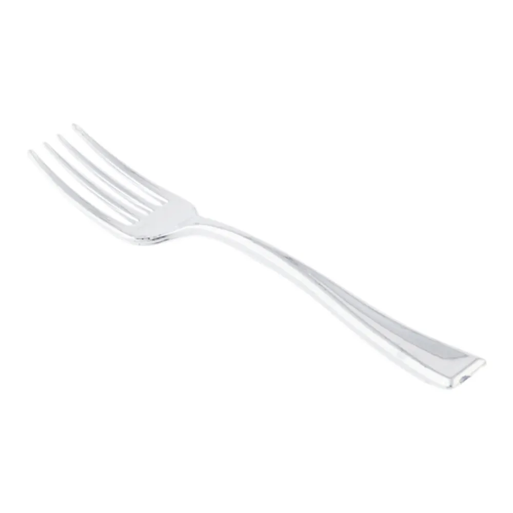 100 Oval White 3.75" Plastic Mini Handled Plates and 100 Silver Plastic 4" Mini Forks