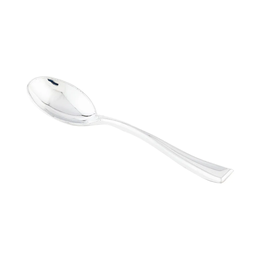 100 Square Seagreen 3" Plastic Aqua Plates and 100 Silver Plastic 4" Mini Spoons