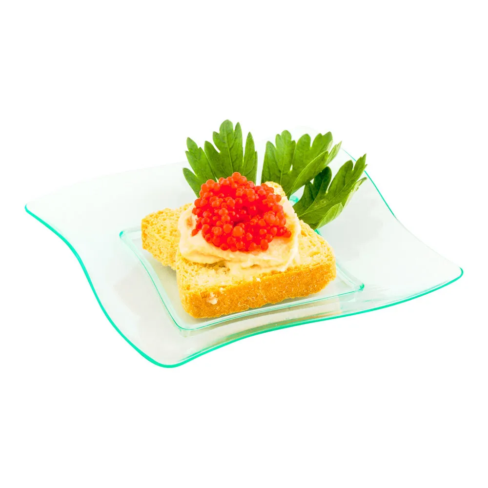 100 Square Seagreen 3" Plastic Aqua Plates and 100 Silver Plastic 4" Mini Spoons