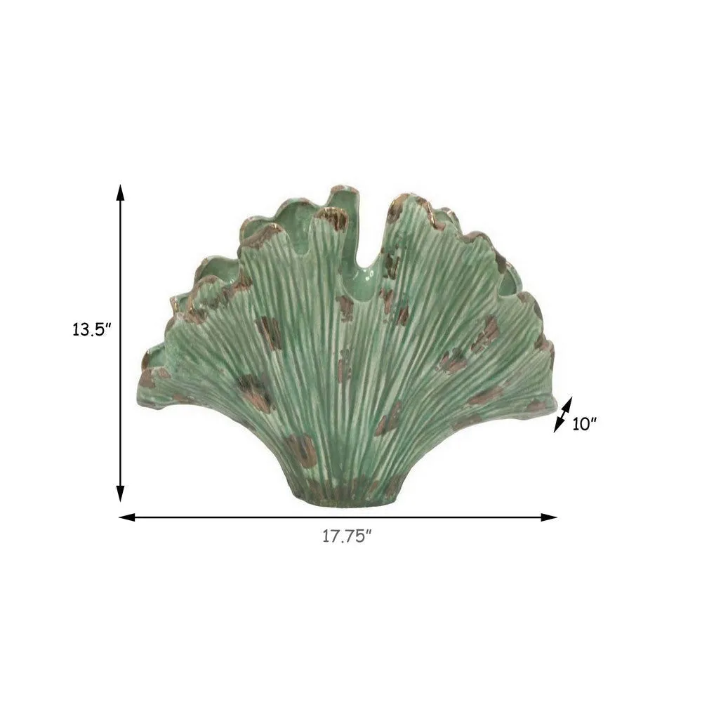 18 Inch Accent Vase, Intricate Kelp Design, Green Ceramic, Brown Accents By Casagear Home