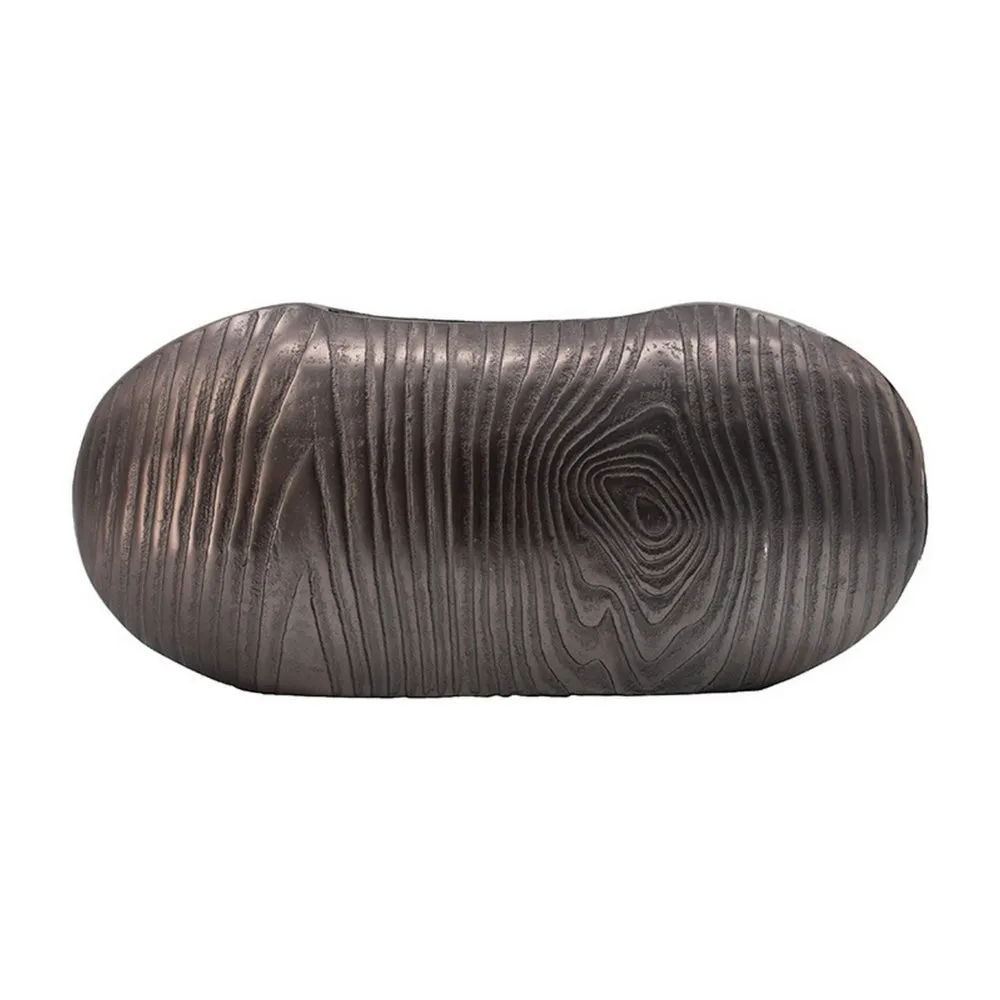 18 Inch Slim Oval Disc Decorative Vase, Wood Texturing, Gray Aluminum  By Casagear Home