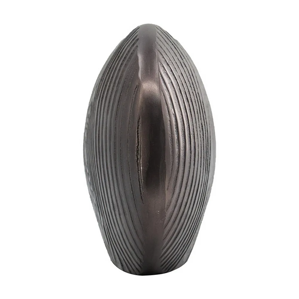 18 Inch Slim Oval Disc Decorative Vase, Wood Texturing, Gray Aluminum  By Casagear Home