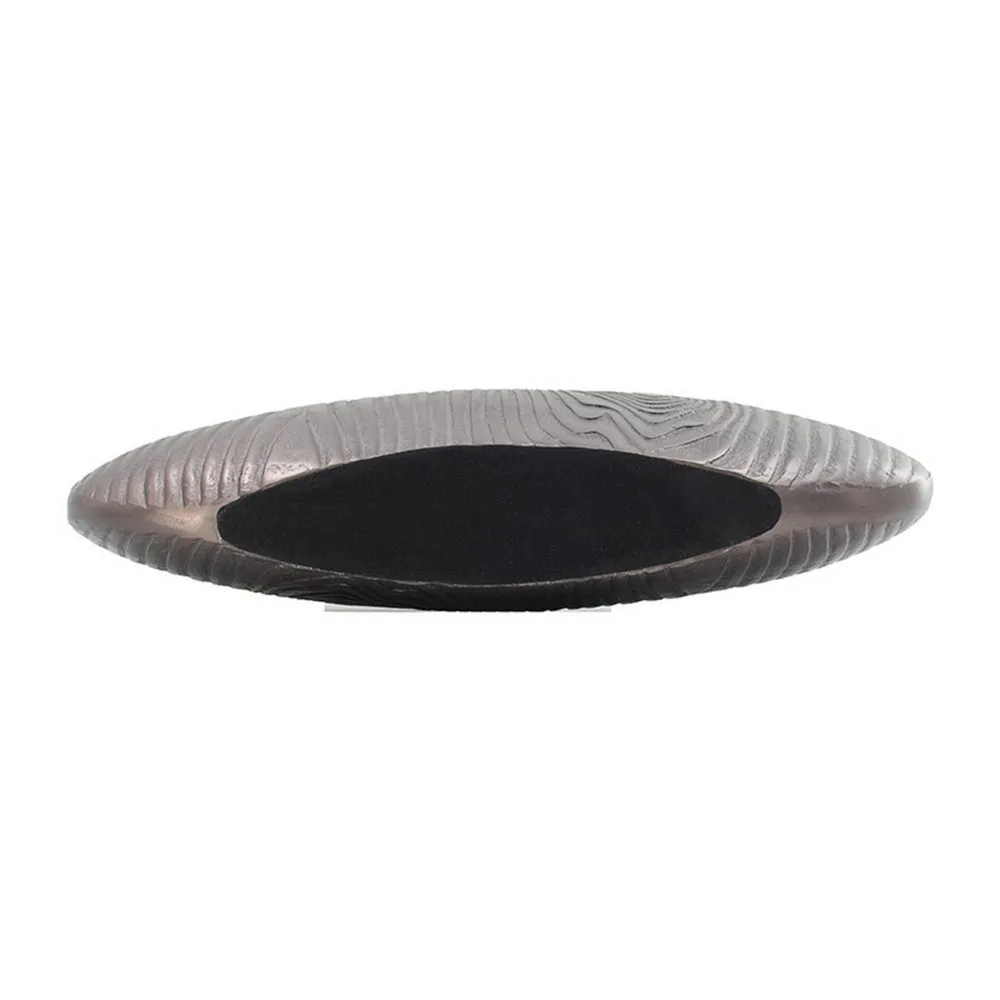 18 Inch Slim Oval Disc Decorative Vase, Wood Texturing, Gray Aluminum  By Casagear Home