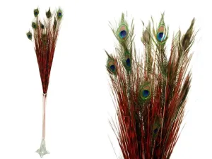 18 Red Real Peacock Feathers With Artificial Grass Home Bouquet Decor