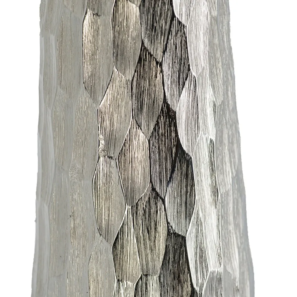 19 Inch Contemporary Tall Oblong Vase, Silver Aluminum, Hammered Texture By Casagear Home