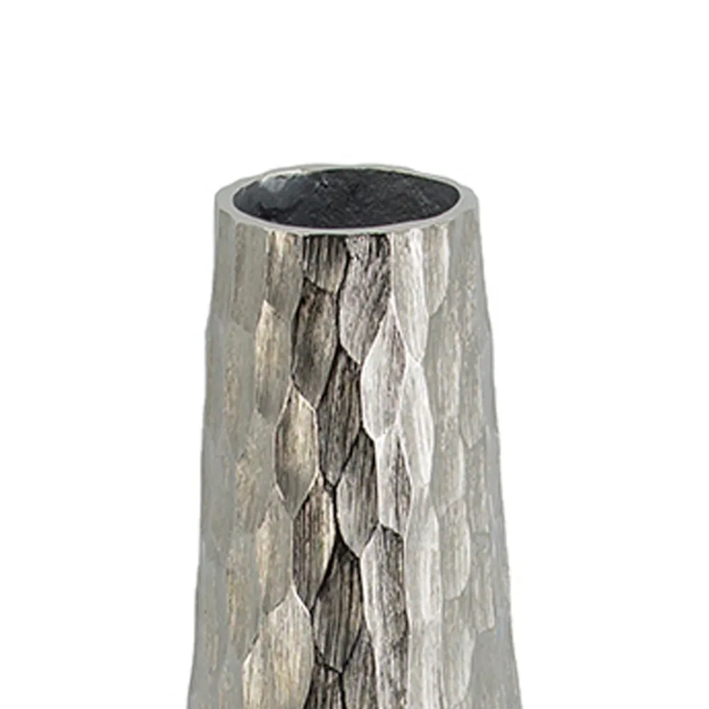 19 Inch Contemporary Tall Oblong Vase, Silver Aluminum, Hammered Texture By Casagear Home