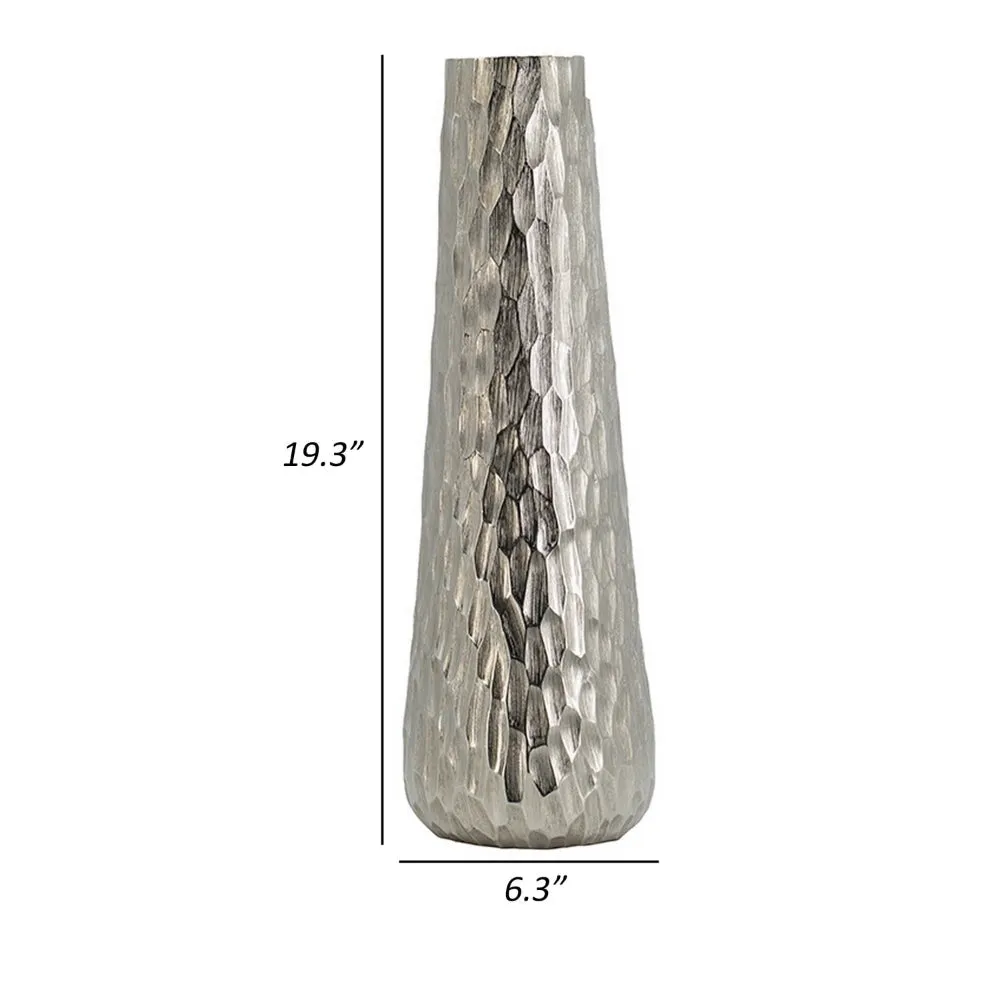 19 Inch Contemporary Tall Oblong Vase, Silver Aluminum, Hammered Texture By Casagear Home