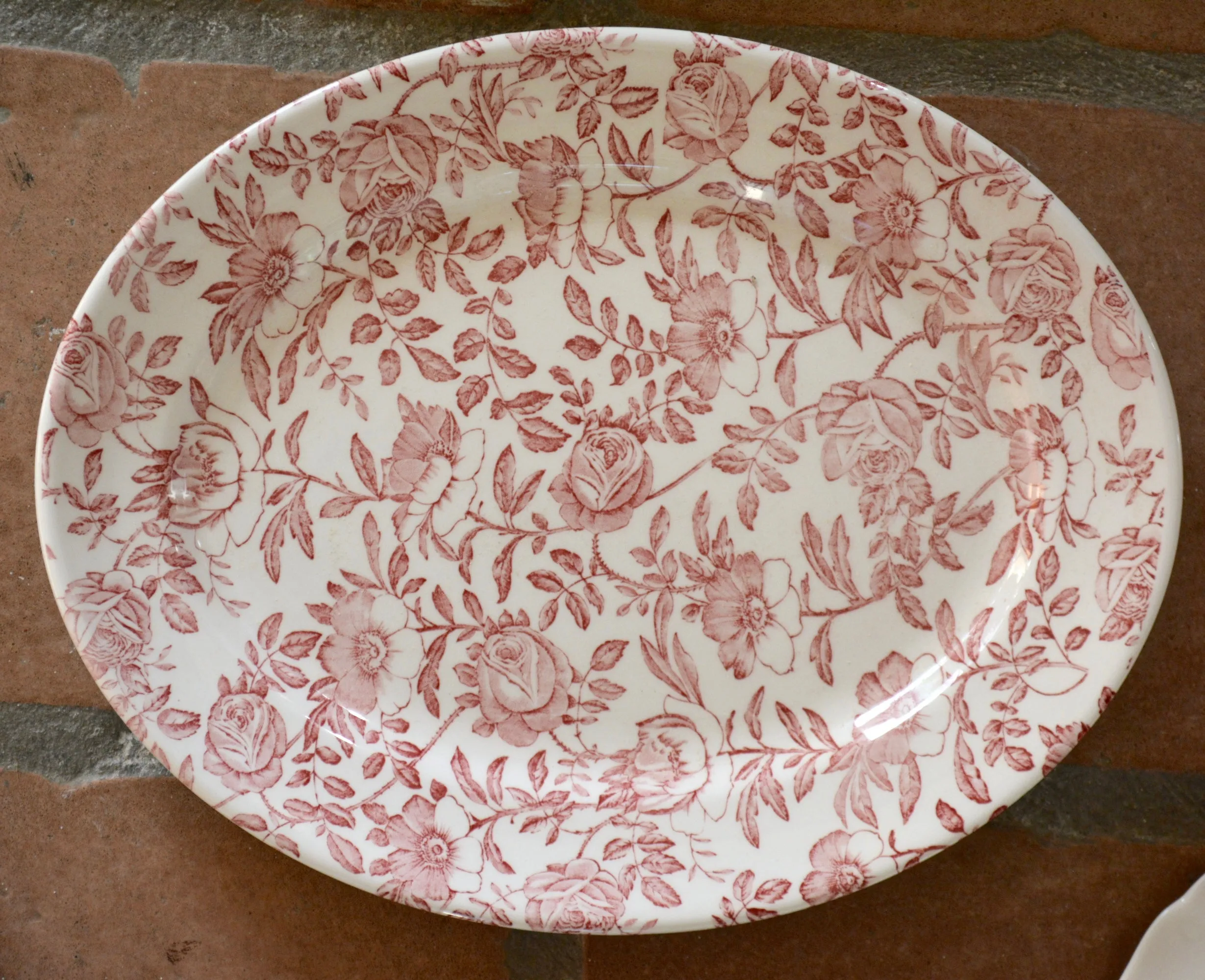 5' Instant Wall Decor!  Red & White Framed Botanical Roses Prints, Tole Shelf,  & 16 Antique Mix n Match Red Transferware Plates & Jar
