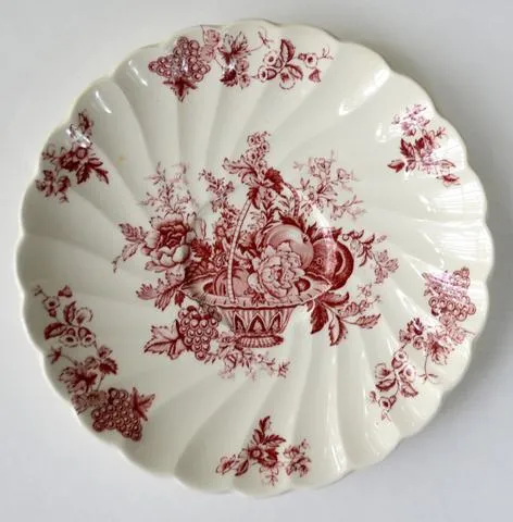 5' Instant Wall Decor!  Red & White Framed Botanical Roses Prints, Tole Shelf,  & 16 Antique Mix n Match Red Transferware Plates & Jar