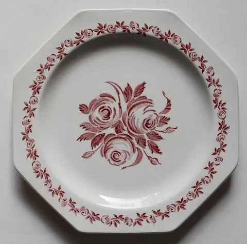 5' Instant Wall Decor!  Red & White Framed Botanical Roses Prints, Tole Shelf,  & 16 Antique Mix n Match Red Transferware Plates & Jar