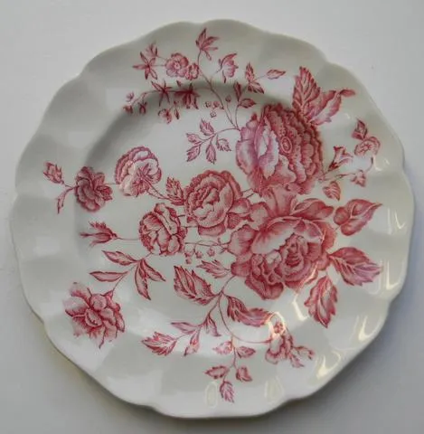 5' Instant Wall Decor!  Red & White Framed Botanical Roses Prints, Tole Shelf,  & 16 Antique Mix n Match Red Transferware Plates & Jar