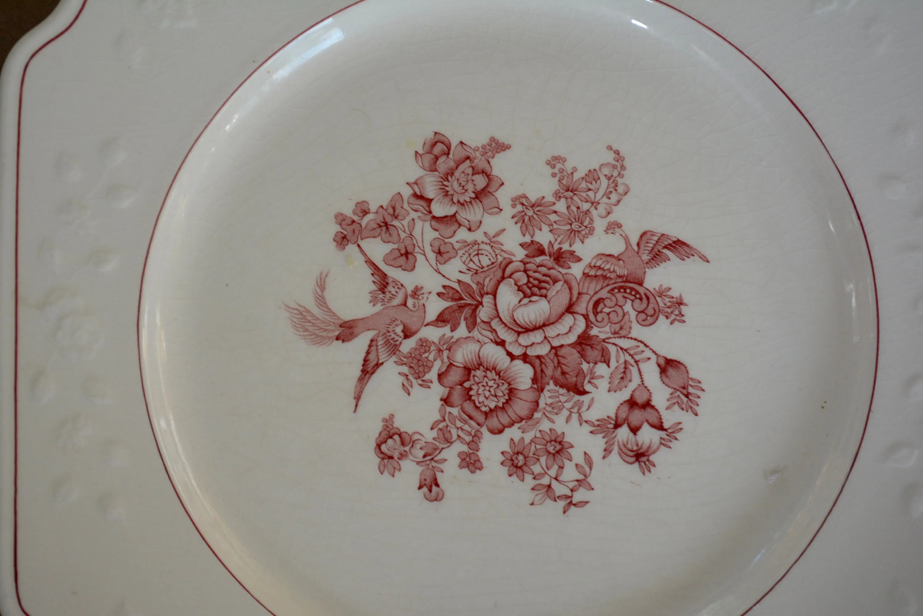 5' Instant Wall Decor!  Red & White Framed Botanical Roses Prints, Tole Shelf,  & 16 Antique Mix n Match Red Transferware Plates & Jar
