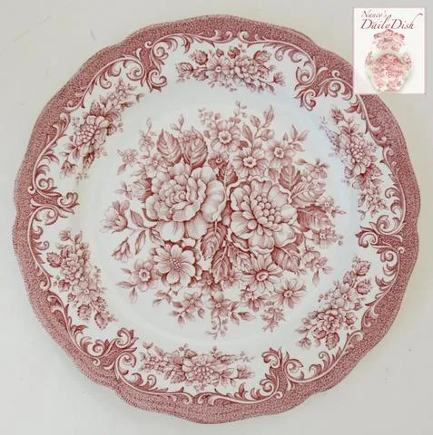 5' Instant Wall Decor!  Red & White Framed Botanical Roses Prints, Tole Shelf,  & 16 Antique Mix n Match Red Transferware Plates & Jar