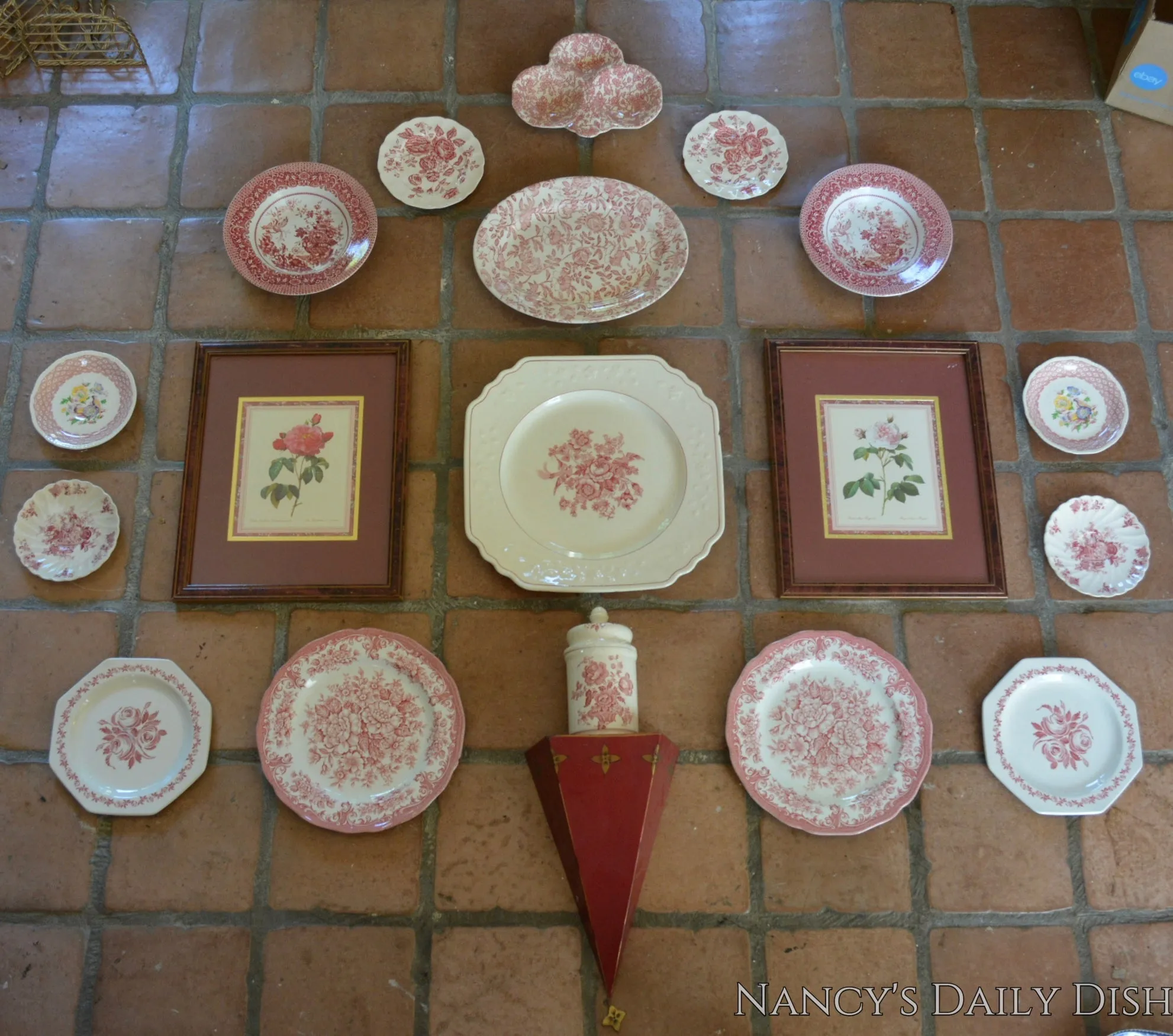 5' Instant Wall Decor!  Red & White Framed Botanical Roses Prints, Tole Shelf,  & 16 Antique Mix n Match Red Transferware Plates & Jar