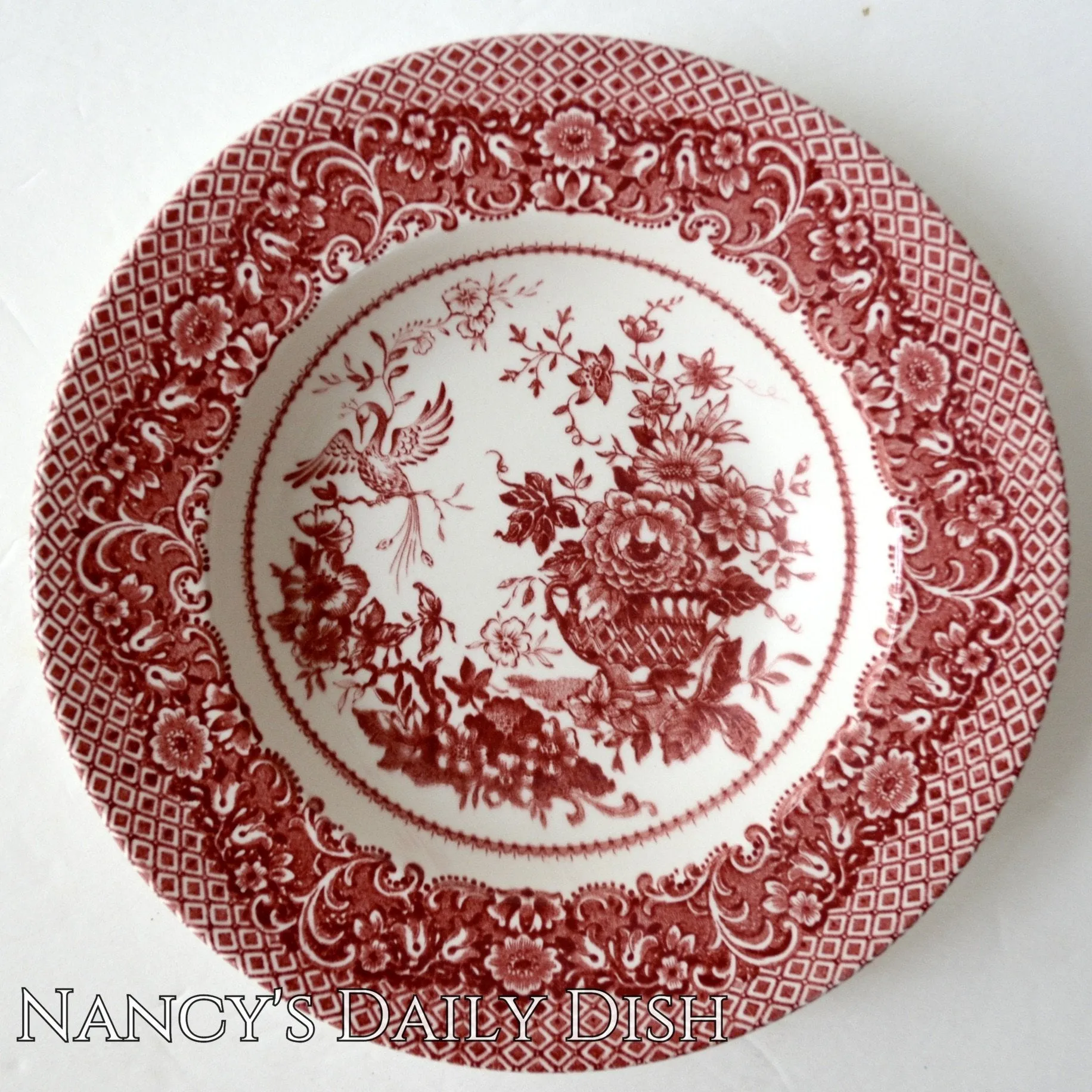 5' Instant Wall Decor!  Red & White Framed Botanical Roses Prints, Tole Shelf,  & 16 Antique Mix n Match Red Transferware Plates & Jar