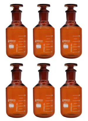 6PK Reagent Bottles, Amber, 125mL - Graduated - Narrow Mouth with Solid Glass Stopper - Borosilicate Glass