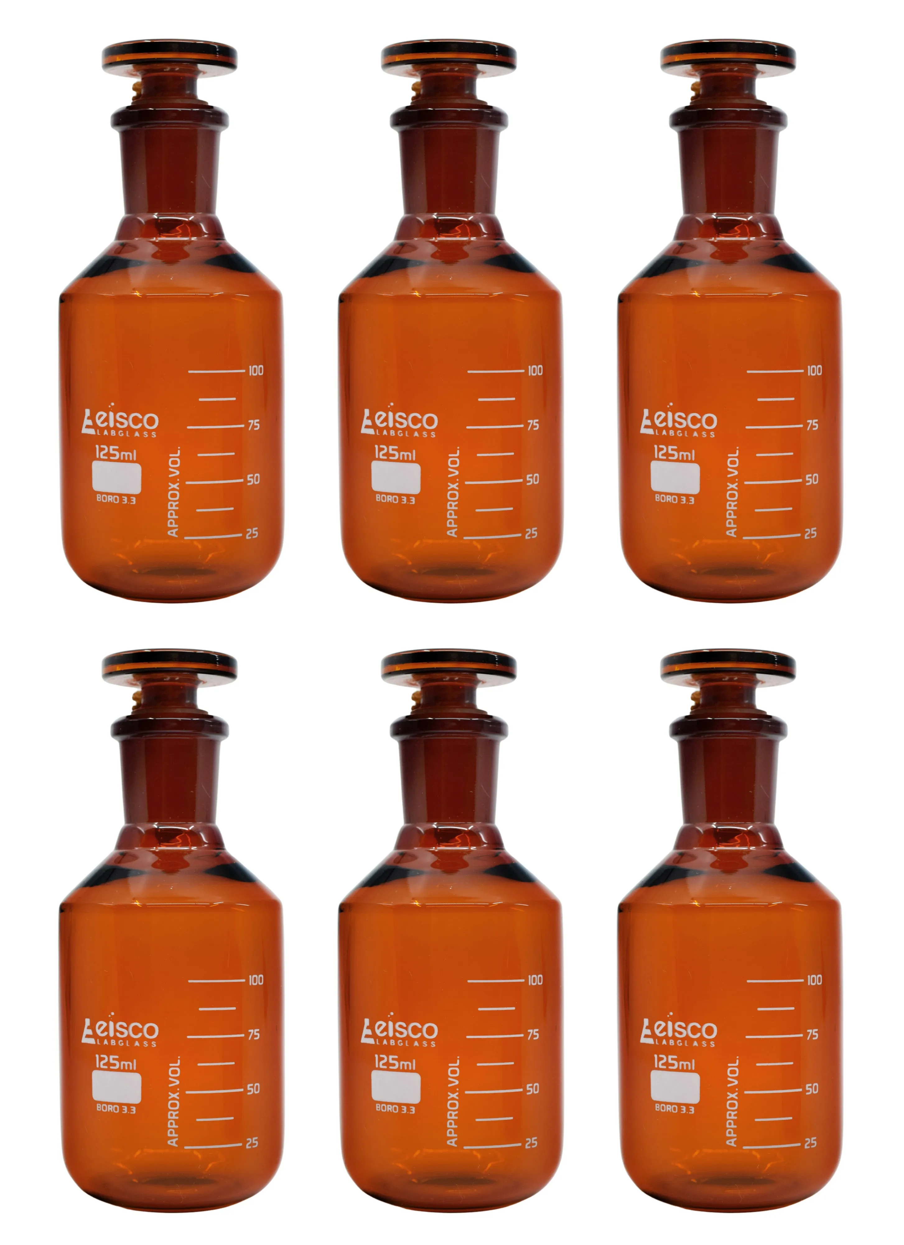 6PK Reagent Bottles, Amber, 125mL - Graduated - Narrow Mouth with Solid Glass Stopper - Borosilicate Glass
