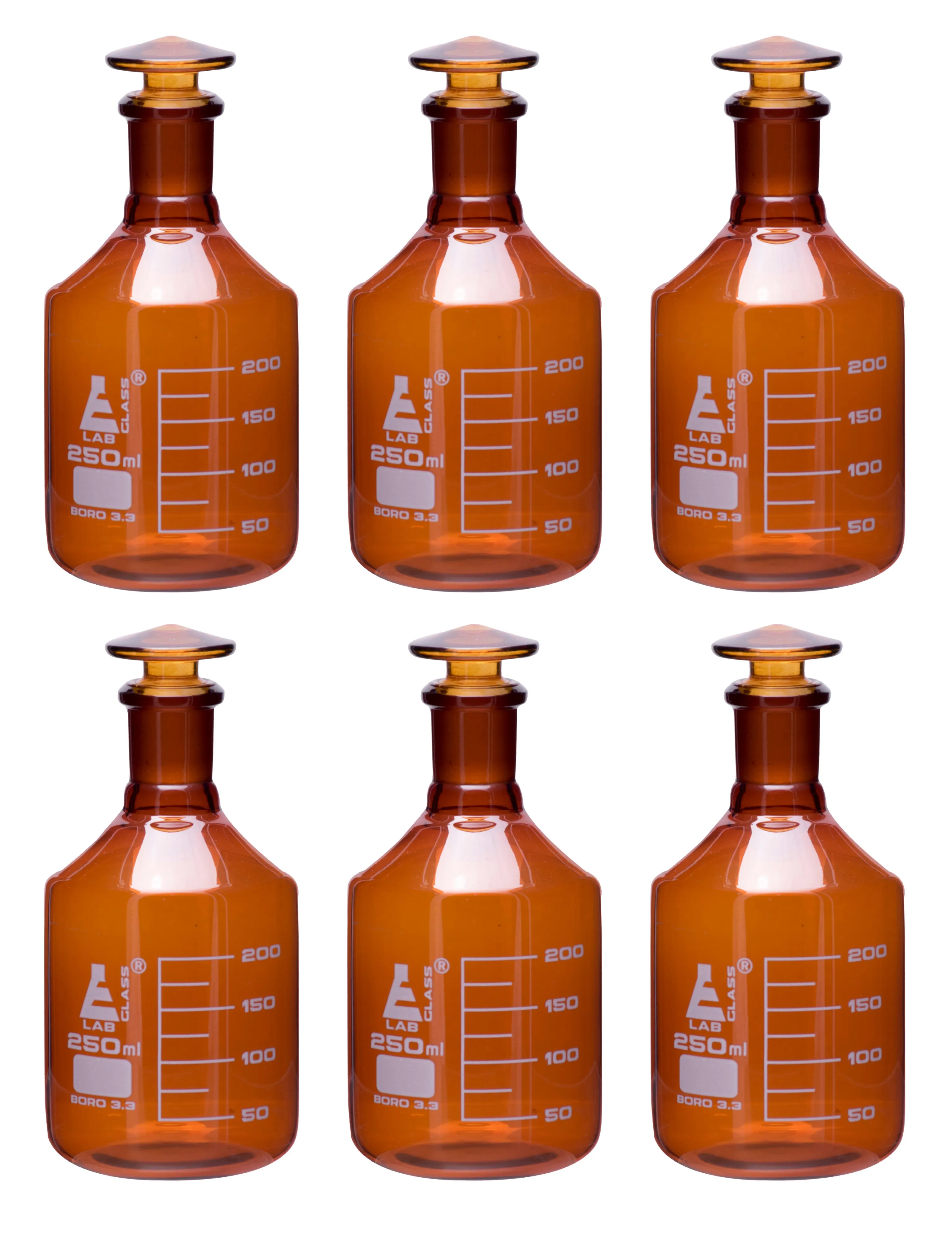 6PK Reagent Bottles, Amber, 250mL - Graduated - Narrow Mouth with Solid Glass Stopper - Borosilicate Glass