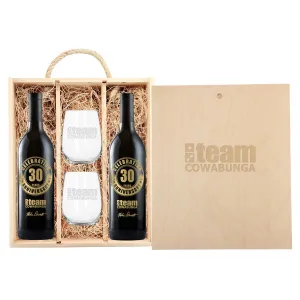 A  Wines Brown Rustic Laser Engraved Triple Wood Box with Custom Etched Wines and Glasses