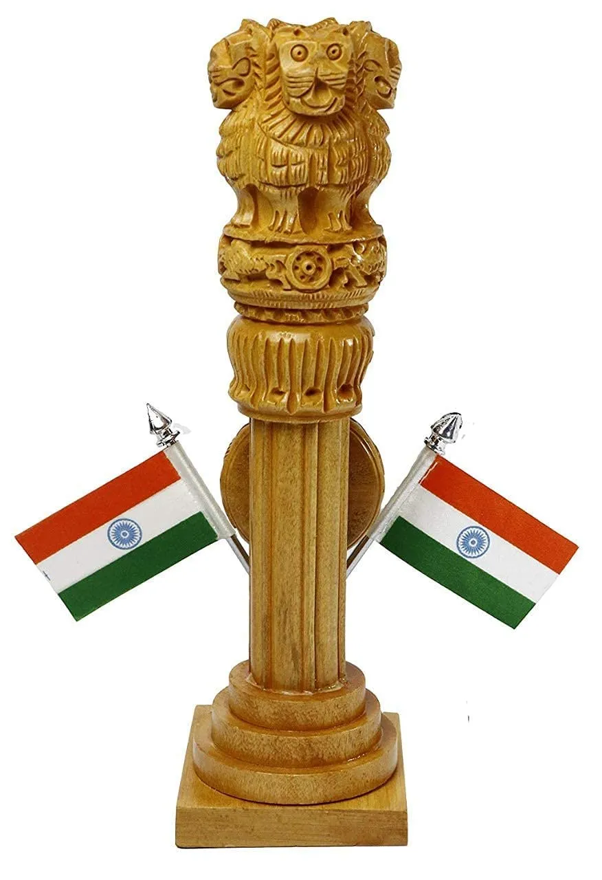 Ansh Outlet Wooden Carved Ashoka Stambh Pillar With 2 Flags & Clock For Office And Study Table Ii Brown Color Pack Of 1 - Analog