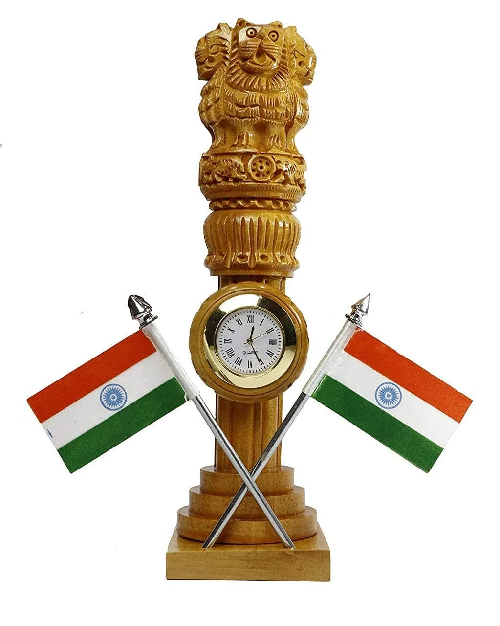 Ansh Outlet Wooden Carved Ashoka Stambh Pillar With 2 Flags & Clock For Office And Study Table Ii Brown Color Pack Of 1 - Analog