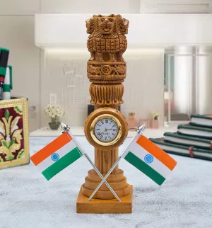 Ansh Outlet Wooden Carved Ashoka Stambh Pillar With 2 Flags & Clock For Office And Study Table Ii Brown Color Pack Of 1 - Analog