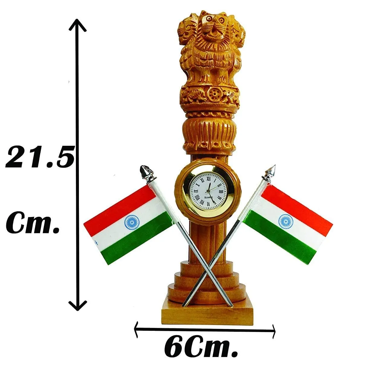 Ansh Outlet Wooden Carved Ashoka Stambh Pillar With 2 Flags & Clock For Office And Study Table Ii Brown Color Pack Of 1 - Analog