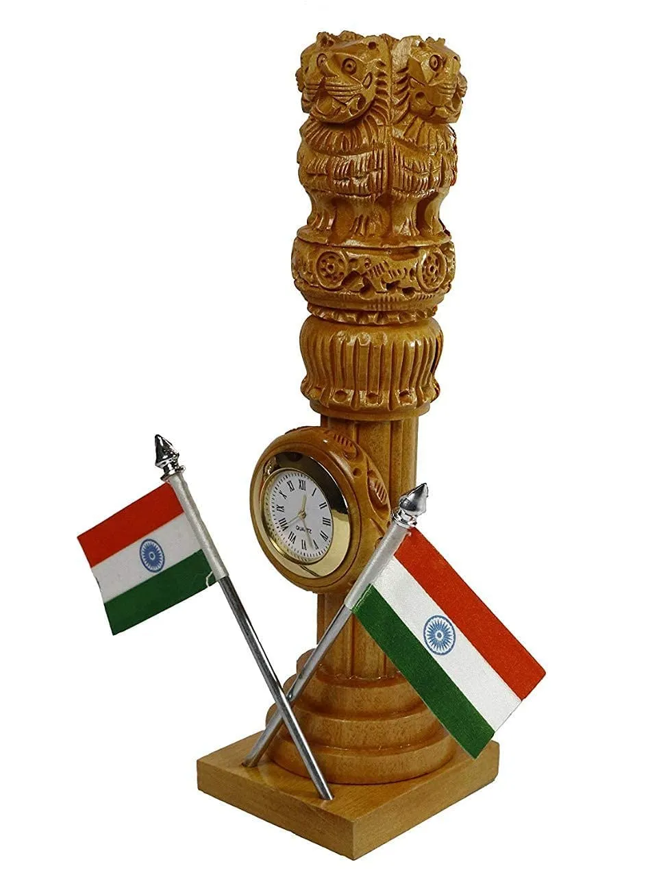 Ansh Outlet Wooden Carved Ashoka Stambh Pillar With 2 Flags & Clock For Office And Study Table Ii Brown Color Pack Of 1 - Analog
