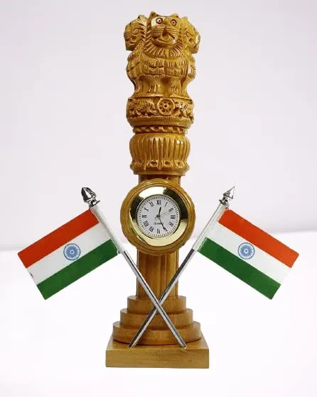 Ansh Outlet Wooden Carved Ashoka Stambh Pillar With 2 Flags & Clock For Office And Study Table Ii Brown Color Pack Of 1 - Analog