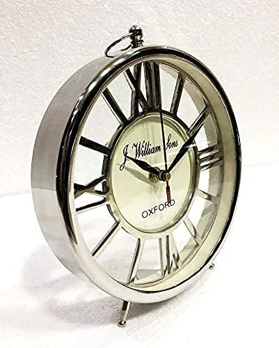Art Deco Antique Table Clock 7 inch Nautical Style Shiny Silver Desk Analog Roman Clock Office Desk Decor