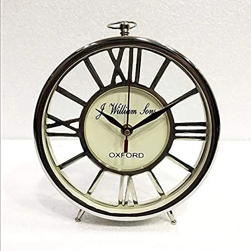 Art Deco Antique Table Clock 7 inch Nautical Style Shiny Silver Desk Analog Roman Clock Office Desk Decor
