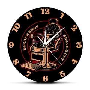 Barbershop Chair Vintage Logo Silent Wall Clock Barber Shop Decor Hanging Wall
