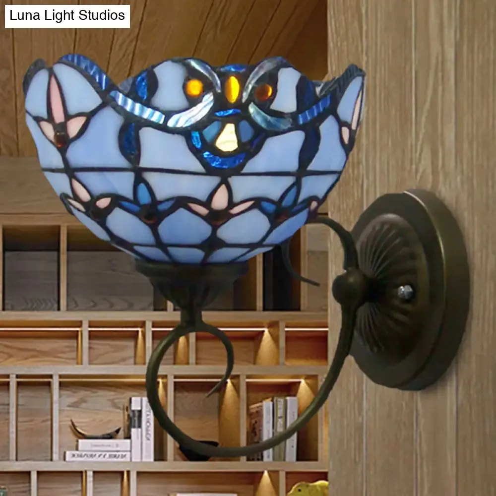 Bowl Wall Mount Light with Curved Arm - 1 Light Stained Glass Victorian Sconce in Brown/Blue