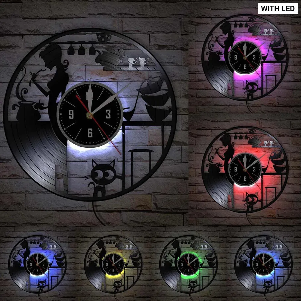 Cat Vinyl Record Wall Clock Modern Kitchen Decor