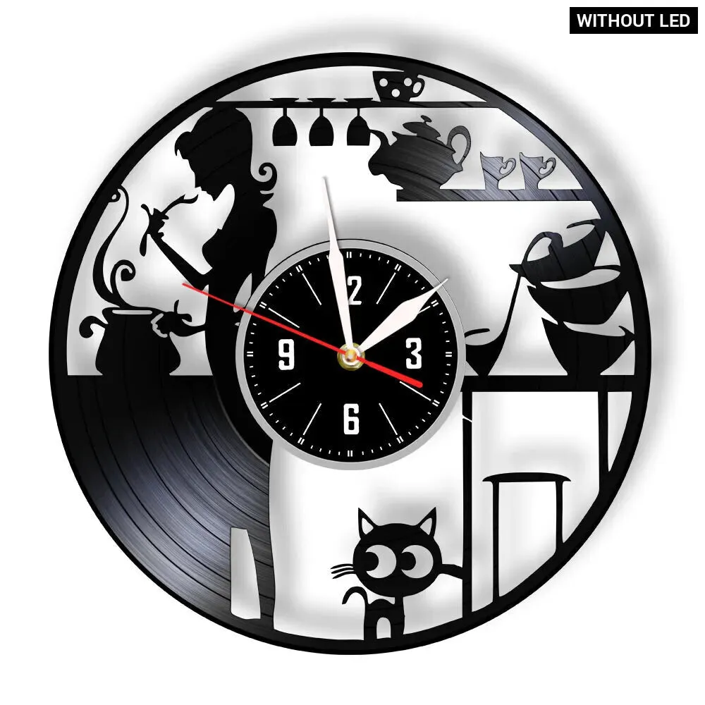 Cat Vinyl Record Wall Clock Modern Kitchen Decor