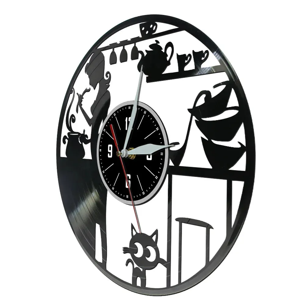Cat Vinyl Record Wall Clock Modern Kitchen Decor