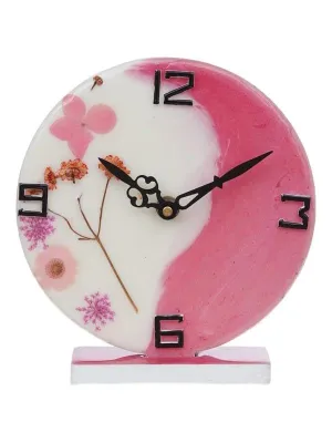 CHRONIKLE Beautiful EpoxyResin Round Handmade White and Pink Flower Art Analog Table Top Office Desk Clock for Home Decoration Gifts (Size: 15 x 4.5 x 17 CM | Weight: 227 grm)