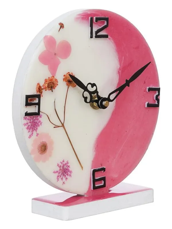 CHRONIKLE Beautiful EpoxyResin Round Handmade White and Pink Flower Art Analog Table Top Office Desk Clock for Home Decoration Gifts (Size: 15 x 4.5 x 17 CM | Weight: 227 grm)
