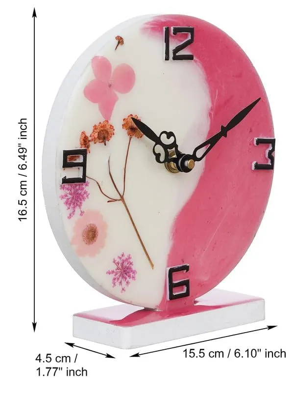 CHRONIKLE Beautiful EpoxyResin Round Handmade White and Pink Flower Art Analog Table Top Office Desk Clock for Home Decoration Gifts (Size: 15 x 4.5 x 17 CM | Weight: 227 grm)