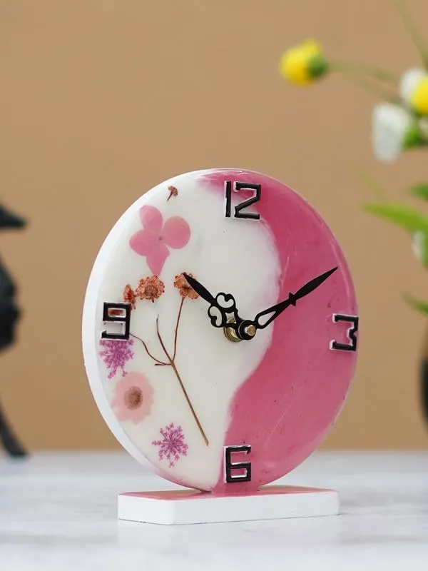 CHRONIKLE Beautiful EpoxyResin Round Handmade White and Pink Flower Art Analog Table Top Office Desk Clock for Home Decoration Gifts (Size: 15 x 4.5 x 17 CM | Weight: 227 grm)