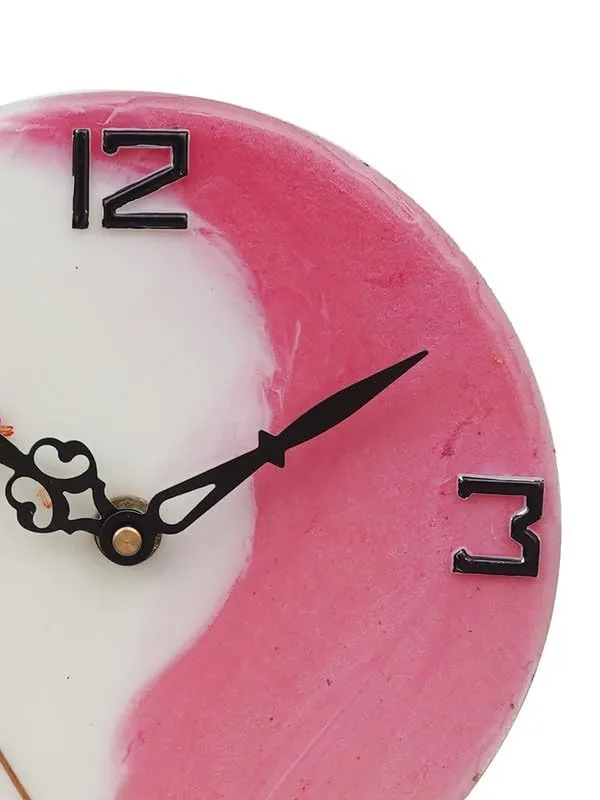 CHRONIKLE Beautiful EpoxyResin Round Handmade White and Pink Flower Art Analog Table Top Office Desk Clock for Home Decoration Gifts (Size: 15 x 4.5 x 17 CM | Weight: 227 grm)