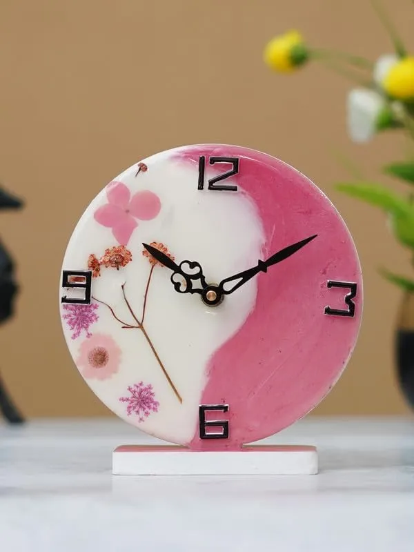 CHRONIKLE Beautiful EpoxyResin Round Handmade White and Pink Flower Art Analog Table Top Office Desk Clock for Home Decoration Gifts (Size: 15 x 4.5 x 17 CM | Weight: 227 grm)