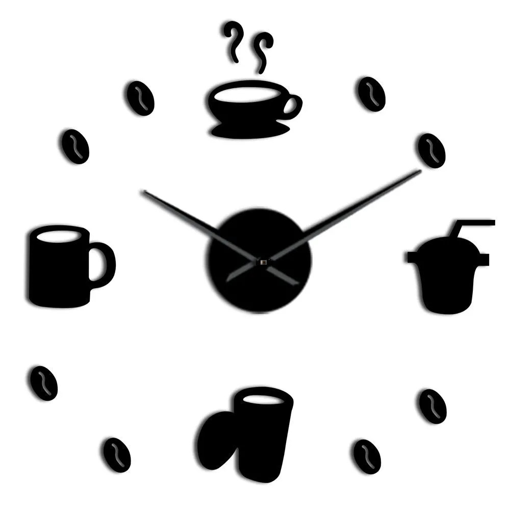 Coffee Time Decorative 3D Wall Clock Kitchen Decor Cafe Hot Beverage Shop Coffee Beans Wall Art Decor DIY Super Big Wall Clock
