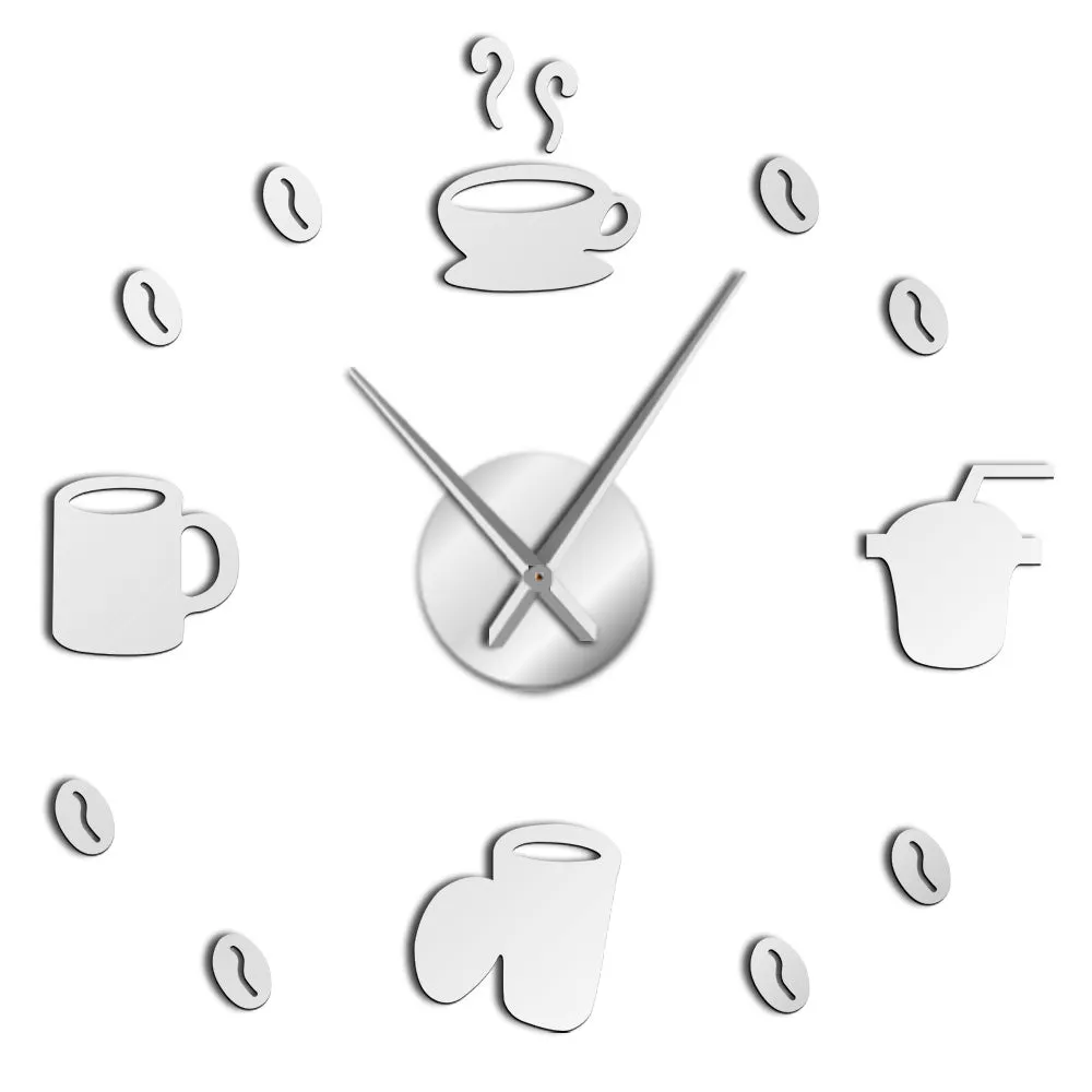 Coffee Time Decorative 3D Wall Clock Kitchen Decor Cafe Hot Beverage Shop Coffee Beans Wall Art Decor DIY Super Big Wall Clock