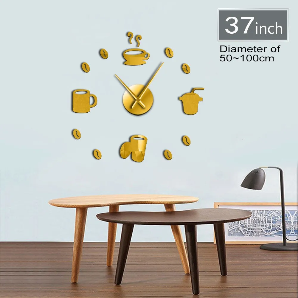 Coffee Time Decorative 3D Wall Clock Kitchen Decor Cafe Hot Beverage Shop Coffee Beans Wall Art Decor DIY Super Big Wall Clock