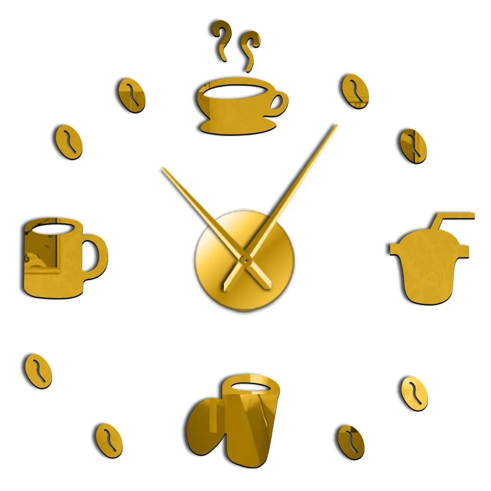 Coffee Time Decorative 3D Wall Clock Kitchen Decor Cafe Hot Beverage Shop Coffee Beans Wall Art Decor DIY Super Big Wall Clock