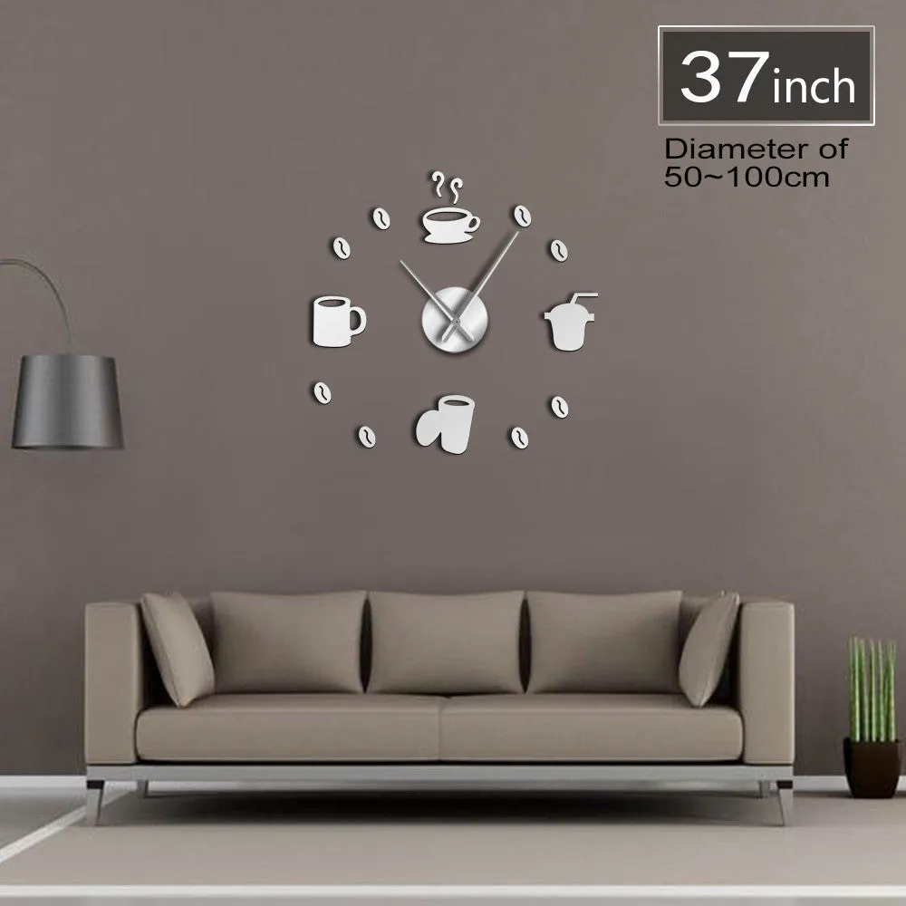 Coffee Time Decorative 3D Wall Clock Kitchen Decor Cafe Hot Beverage Shop Coffee Beans Wall Art Decor DIY Super Big Wall Clock