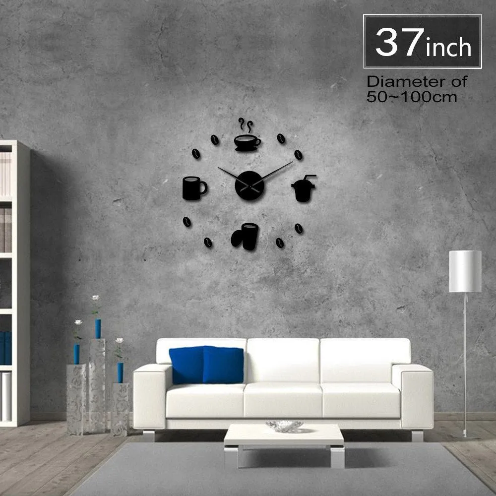 Coffee Time Decorative 3D Wall Clock Kitchen Decor Cafe Hot Beverage Shop Coffee Beans Wall Art Decor DIY Super Big Wall Clock