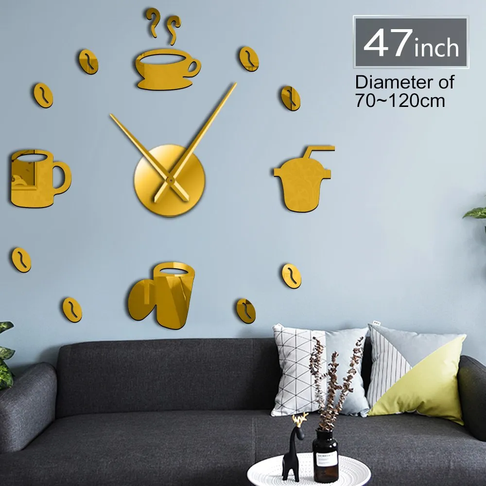 Coffee Time Decorative 3D Wall Clock Kitchen Decor Cafe Hot Beverage Shop Coffee Beans Wall Art Decor DIY Super Big Wall Clock