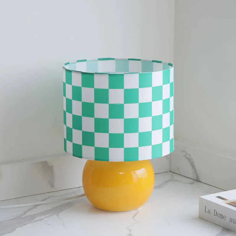 Contemporary Creative Round Lattice Glass Fabric LED Table Lamp For Bedroom